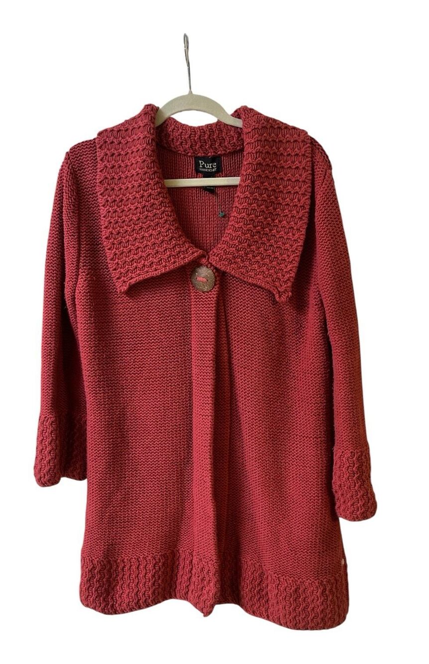 Pure Handknit cardigan sweater red comorv100% cotton sz M/L